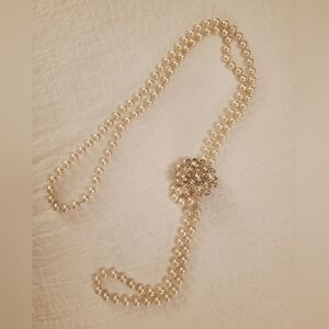 Long Faux Pearl Necklace with Floral Rhinestone Brooch
